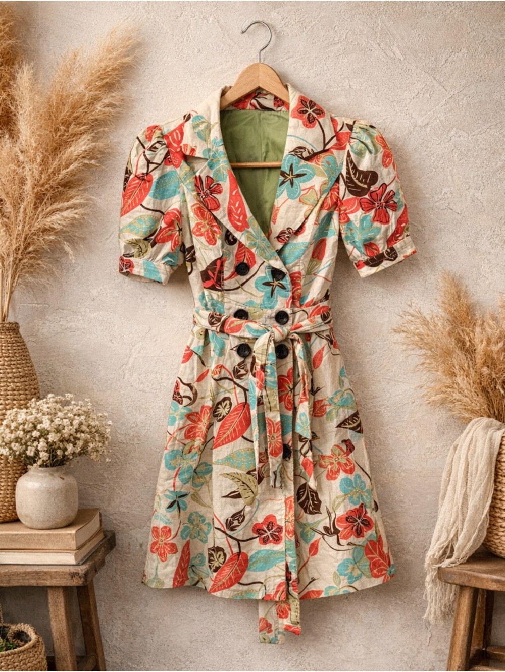 Vintage inspired belted
trench-coat style dress 
Size- XS